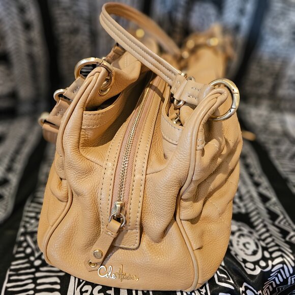 COLE HAAN Ruched Pebble leather top zip East West Shoulder Bag Beige w gold hw - Picture 13 of 13